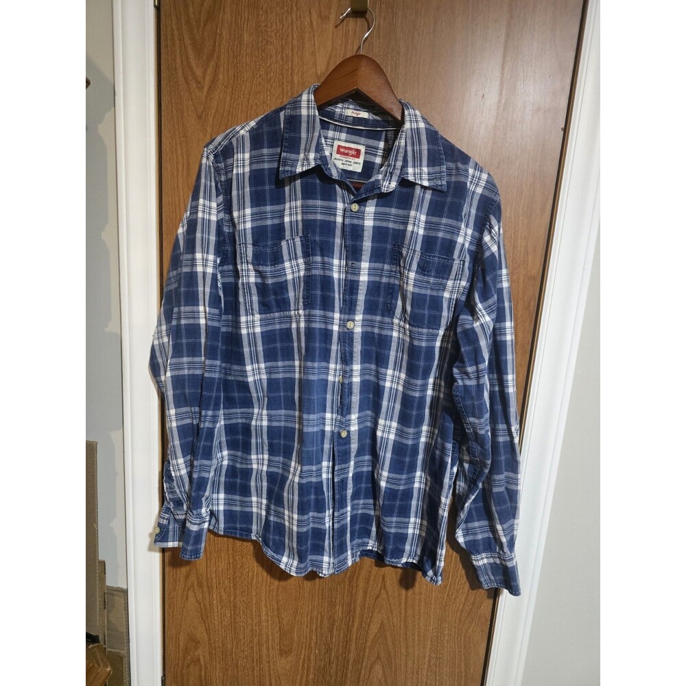 Wrangler Indigo Men's Blue White Plaid Long Sleeve Button Up Shirt Size Large